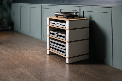 Blok Stax 2G 4-shelf collection in Satin white with Roksan amplifiers