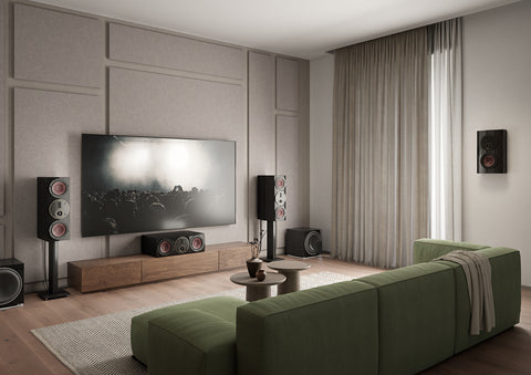 Three DALI Rubikore Cinema's, a DALI Rubikore On-Wall and two Sub K-14 all in Black in a home theatre set up