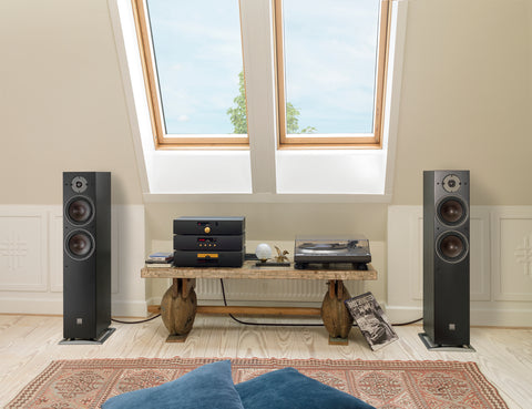 DALI Oberon 7 Black Tower Speakers in a stereo setup
