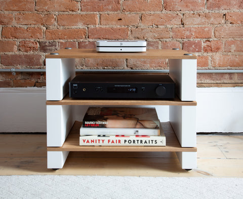 Bluesound Node (N130) White on BLOK Stax 2G 3 Shelf Collection with NAD C338
