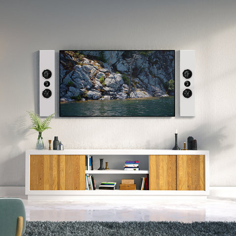 PSB PWM1 white speakers without grille mounted on either side of a TV
