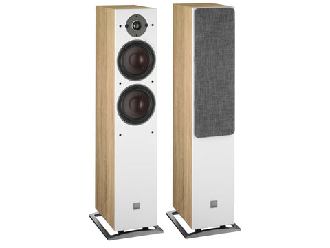 DALI Oberon 7 Tower Speakers - Light Oak, one speaker grille on and one speaker grille off