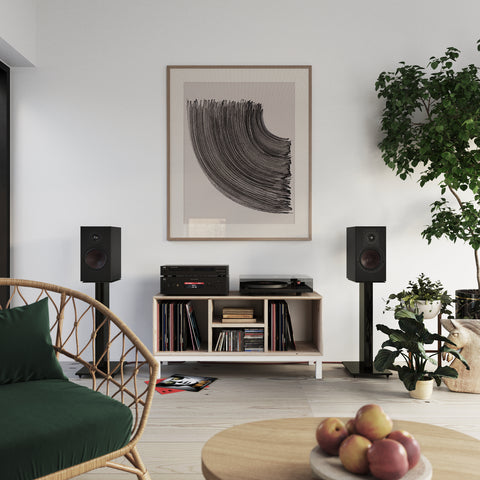 DALI Opticon 2 MK2 Black on speaker stands in a stereo setup in a listening room