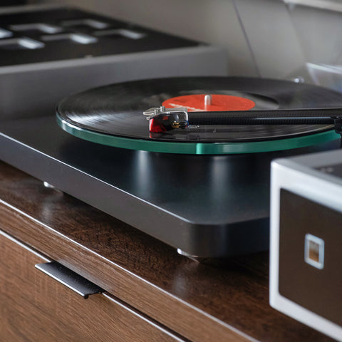 NAD C588 on credenza - close up of stylus on vinyl