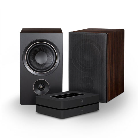 PSB Alpha P5 Walnut and Bluesound Powernode Black