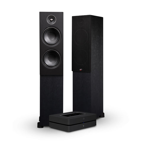 PSB Alpha T20 Speakers in Black and Bluesound Powernode Black