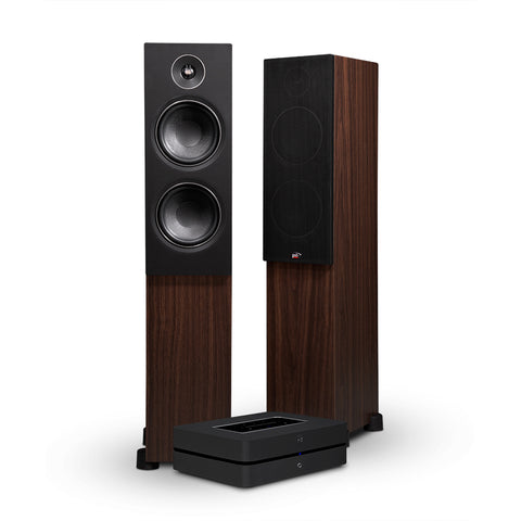 PSB Alpha T20 Speakers Walnut and Bluesound Powernode Black