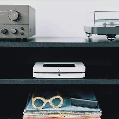 bluesound node in a bookshelf