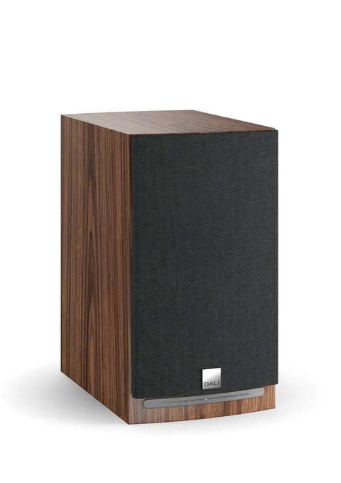 DALI Rubicon 2C Walnut with grille - front 3/4 view