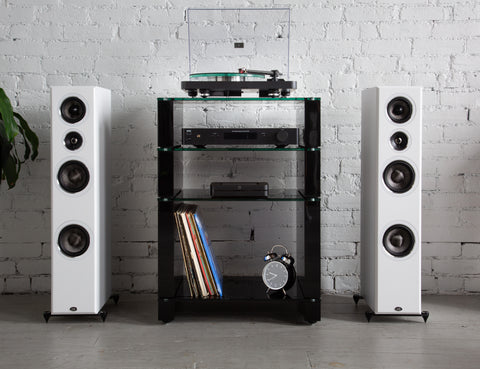 Bluesound Node (N130) Black on BLOK Stax 2G 3 Shelf Collection + LP Stand with NAD C338, NAD Turntable and PSB Imagine T65 White