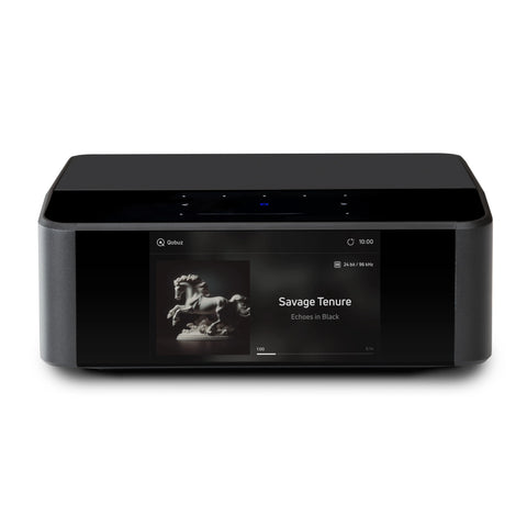 Black Node Icon screen displaying music player interface on a white background