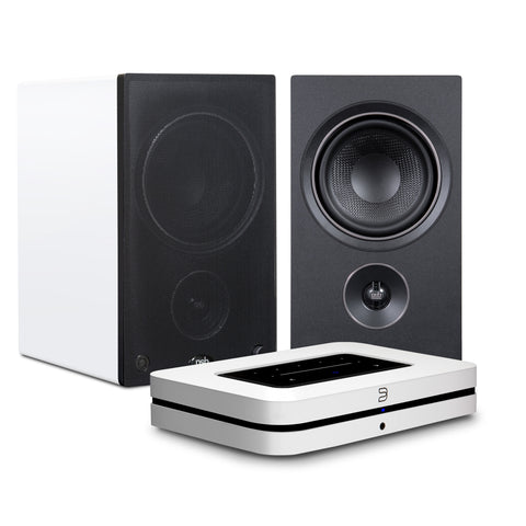 AM5 White Powered Bookshelf Speakers with White Bluesound Node