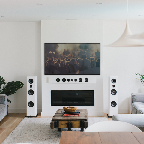PSB Imagine T65 Tower Speakers White with PSB PWM3 as center channel in a living room home theatre setup