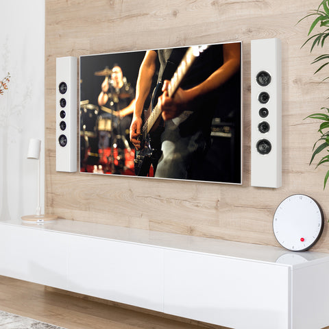 PSB PWM2 white without grille mounted on either side of a TV