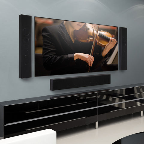 PSB PWM2 black with grille as left and right channel with a PWM3 black with grille as the center channel in a home theatre