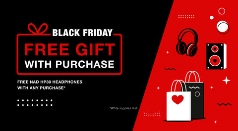 Black Friday promotional banner with headphones, speakers, and a shopping bag on a red and black background. Free gift with purchase. free nad hp30 headphones with any purchase. while supplies last.